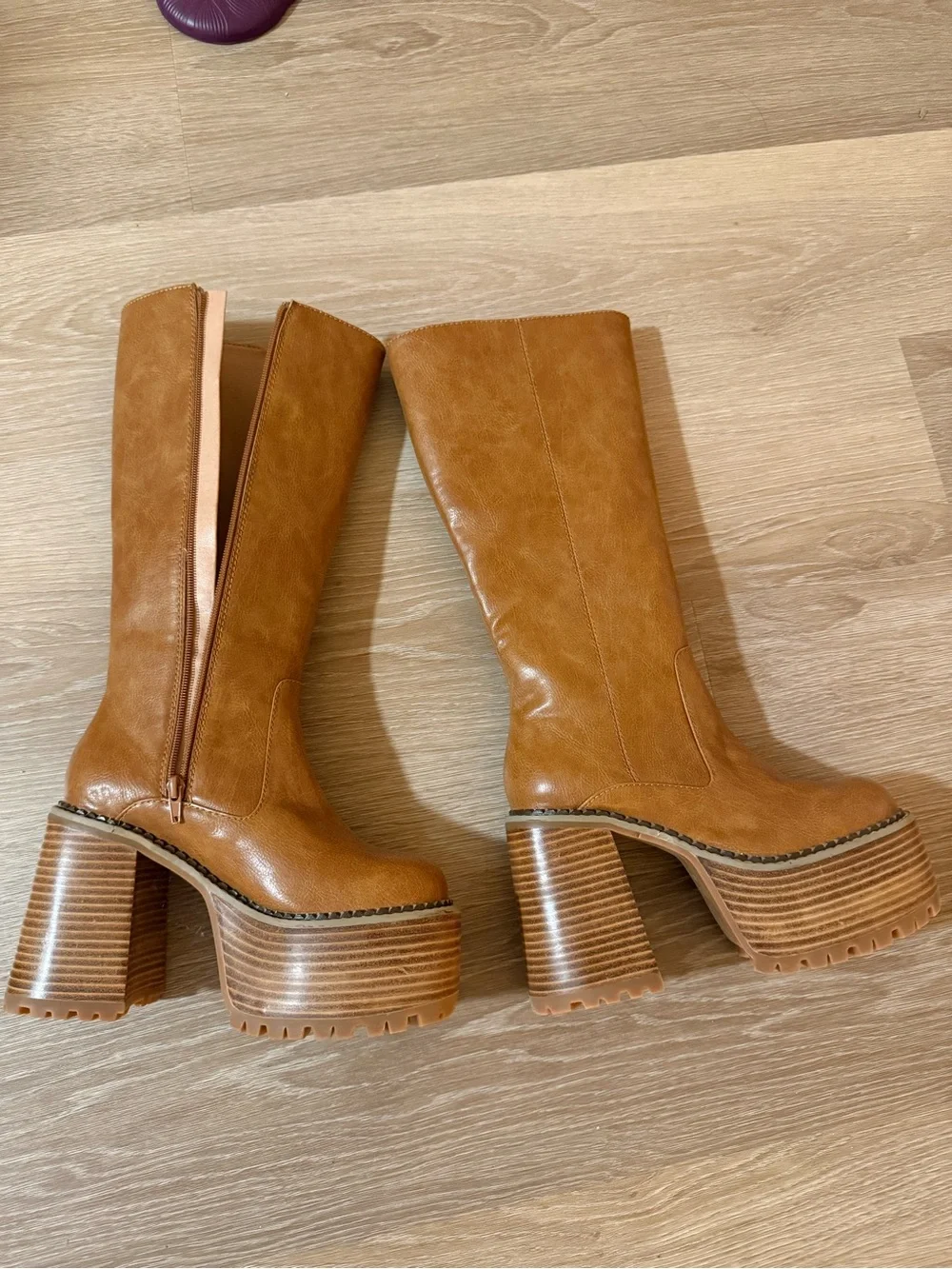 DeLia Tan Platform Knee-High Block Heel Boots